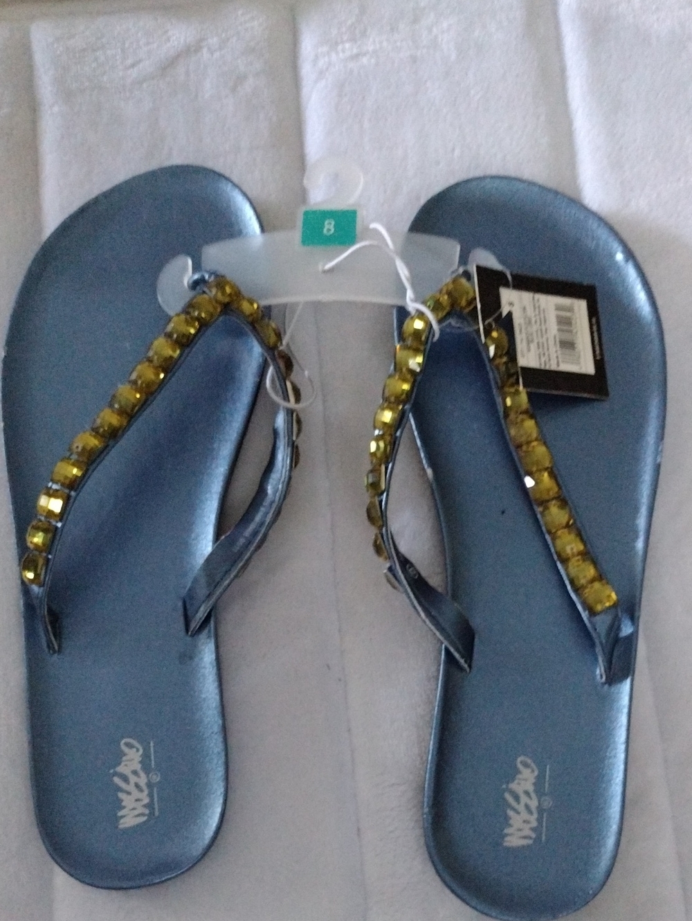 Women's Blue Flip Flop Sandals with Yellow Gem Detail